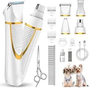 4-in-1 Small Dog Grooming Kit – Cordless Low-Noise Trimmer with Nail Grinder for Paws, Ears & Face